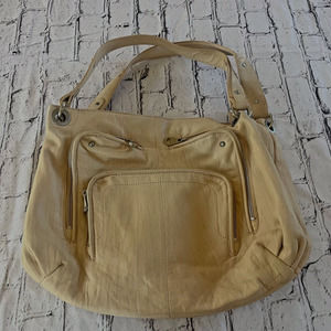 Perlina Leather Shoulder Tote Bag Nude Buff Soft Silver Hardware Logo